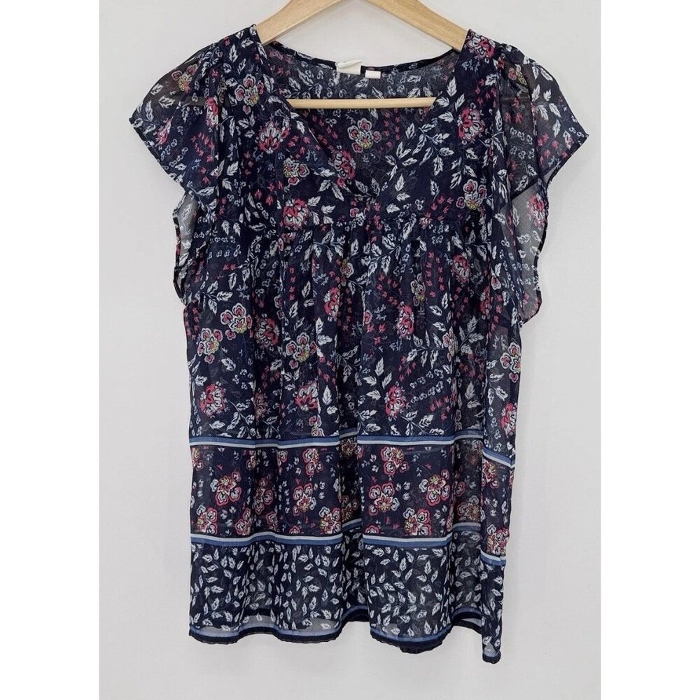 GAP Tie Neck‎ Sheer Chiffon Blue Floral Flutter Sleeve Blouse Sz L Preppy Boho